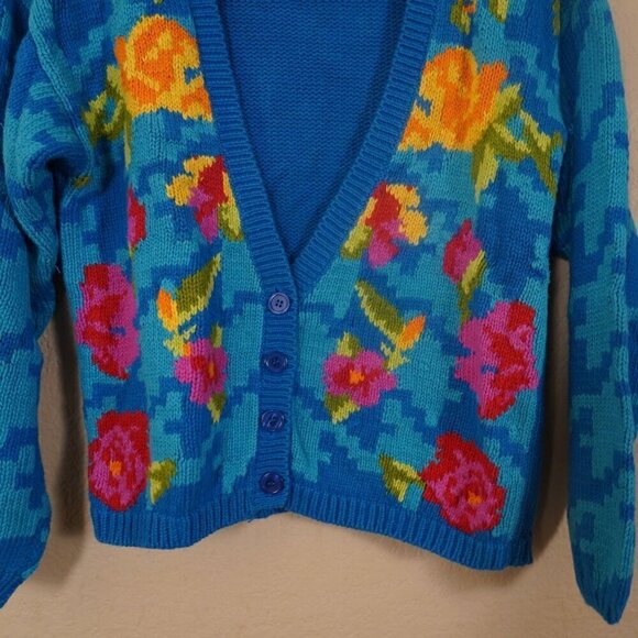 Vintage Gallagher Cardigan Electric Blue Floral Houndstooth M Cottagecore Fairy - Picture 4 of 8